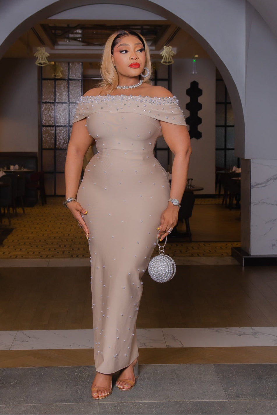 Champagne Pearl Elegance- Blinged Off Shoulder BANDAGE Dress (New!) –  DivAbby