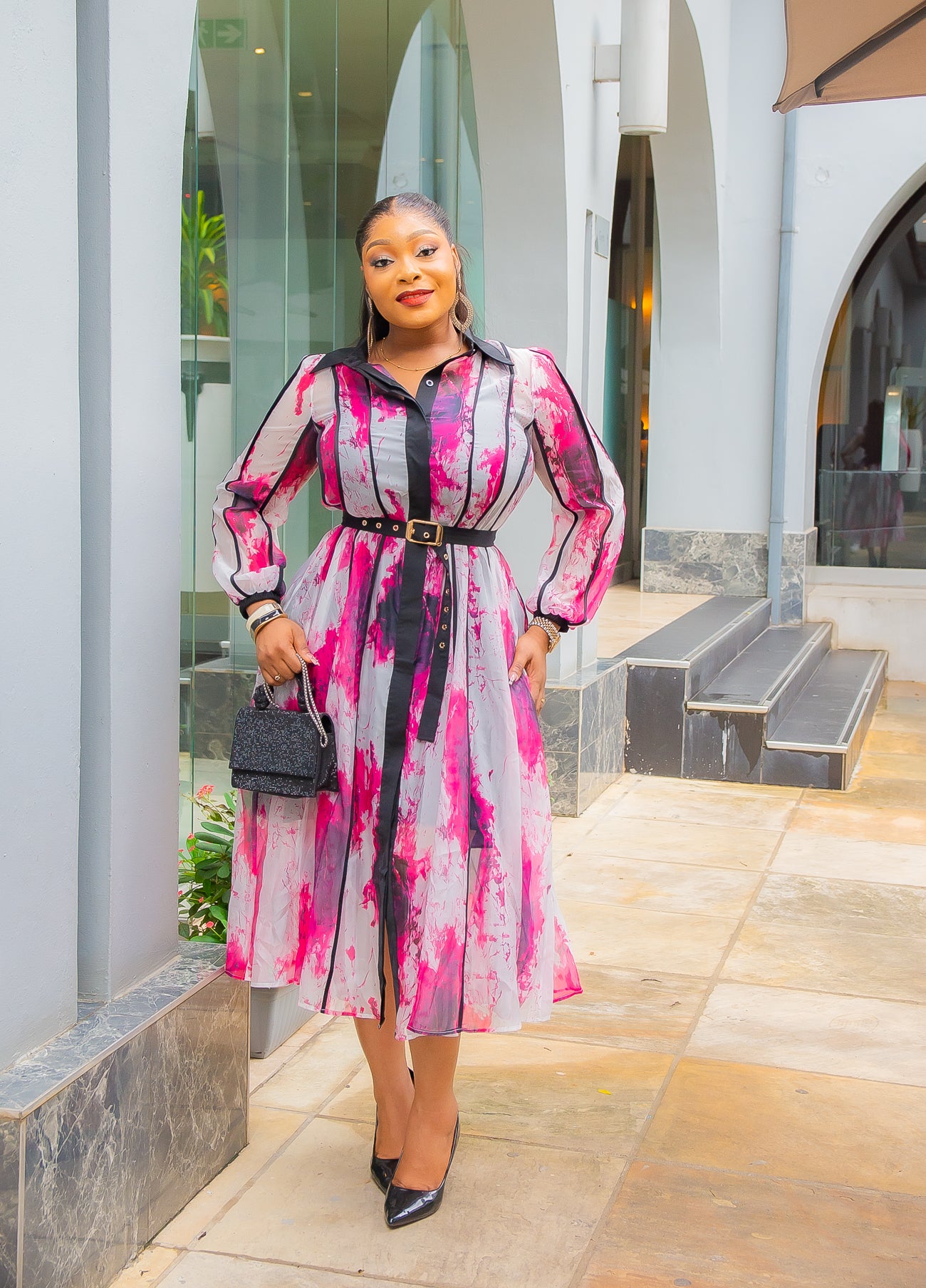 Color Black Grey And Pink Outfit Vanessa Floral- Midi Shirt Dress