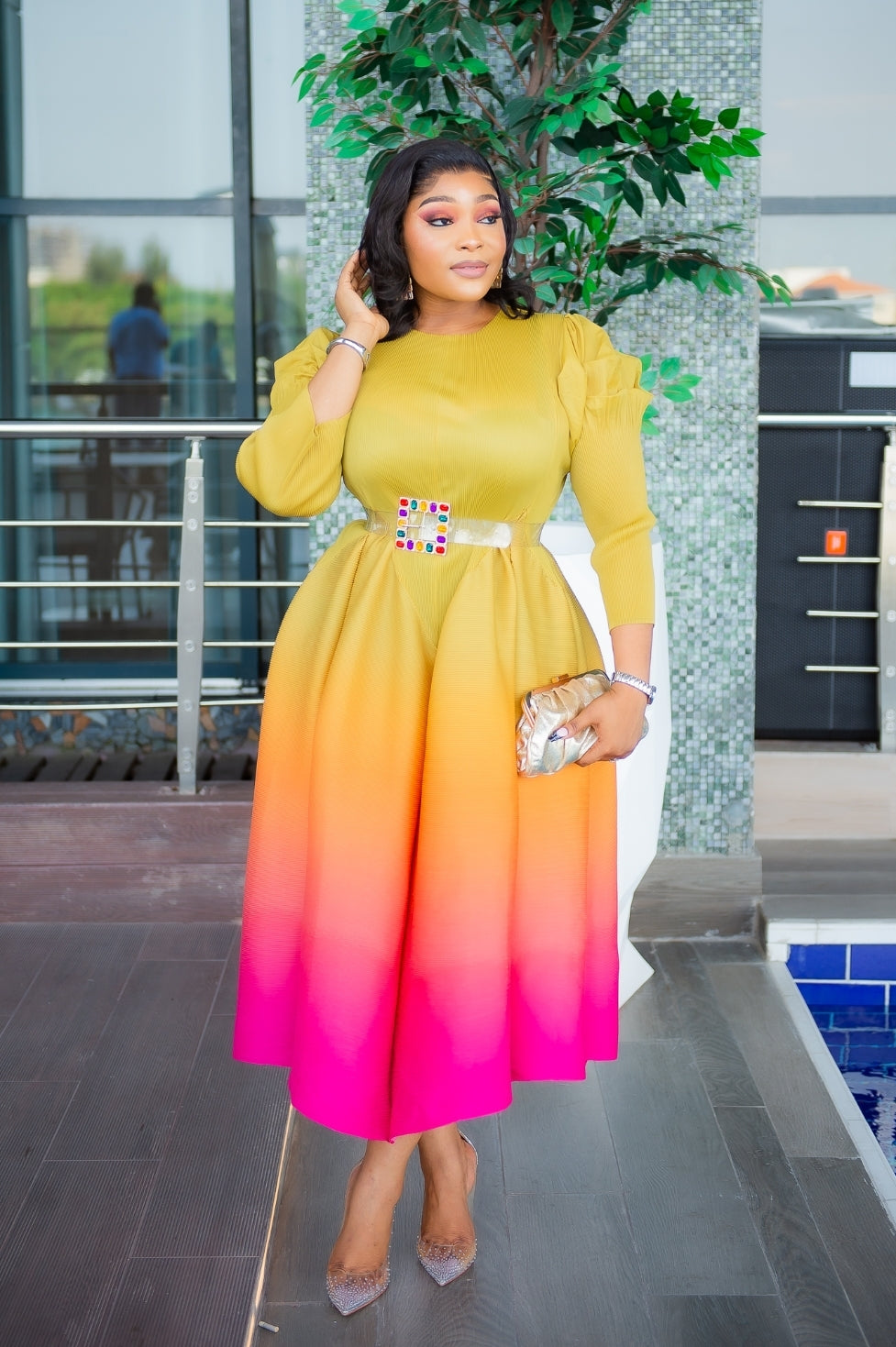 Lady Beauty- Ombre Pleats Fit and Flare Long Length Dress/Belt (NEW) Lady Beauty- Ombre Pleats Fit and Flare Long Length Dress/Belt (NEW)