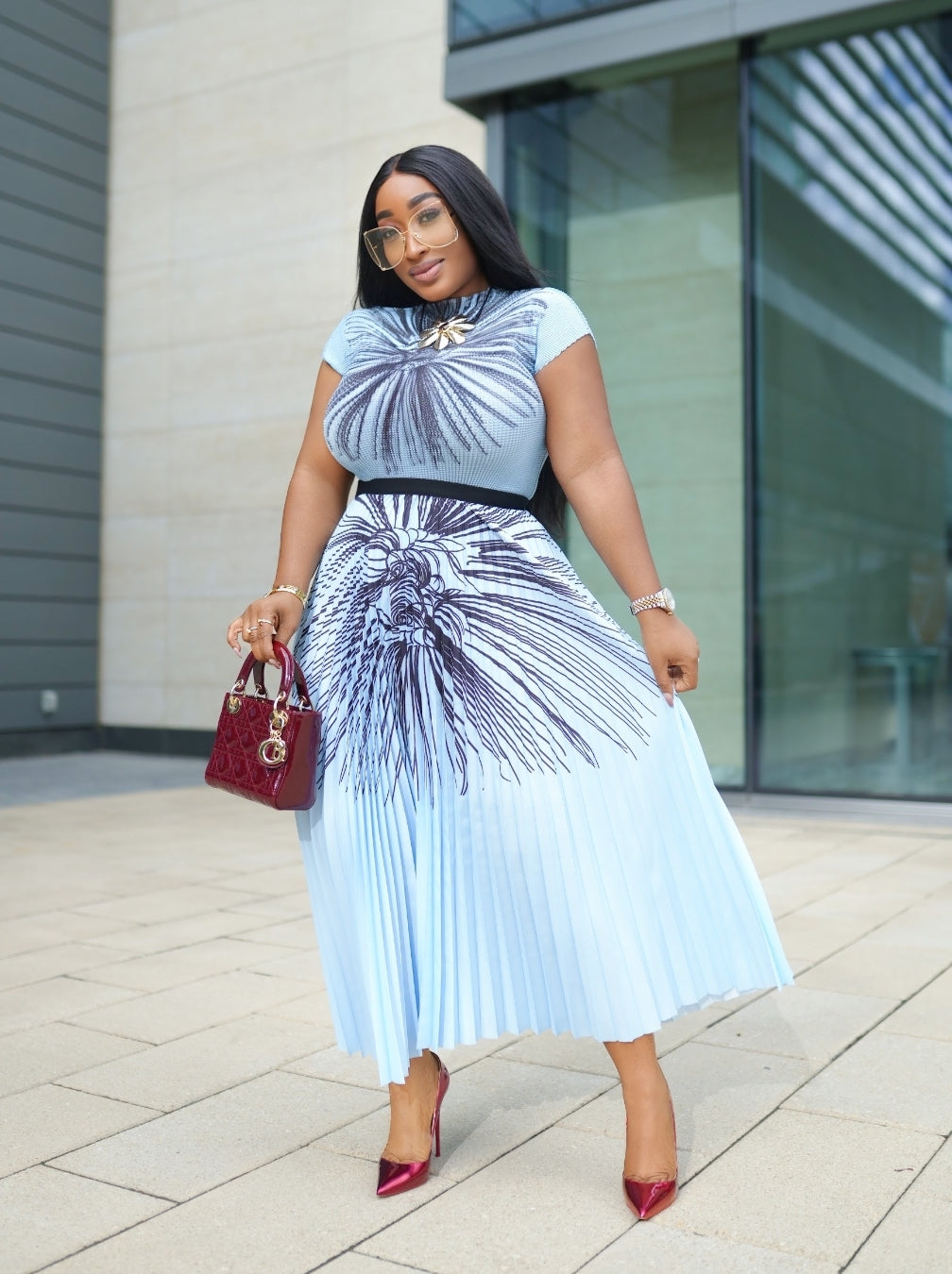 New Dress Long Skirt Black Abstract Stripe Print In Long Sleeve