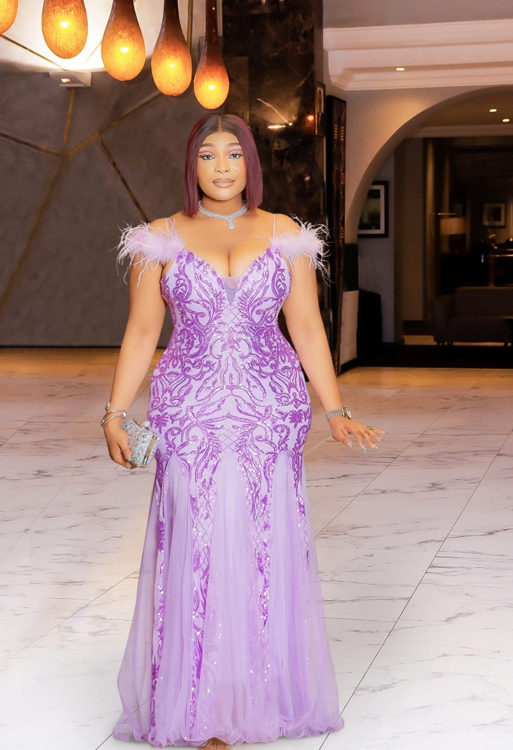 Glimmering Queen Luxe- Feathers/Mesh/Sequin Floor Length Dress (3 colo DivAbby Glimmering Queen Luxe- Feathers/Mesh/Sequin Floor Length Dress (3 colo DivAbby
