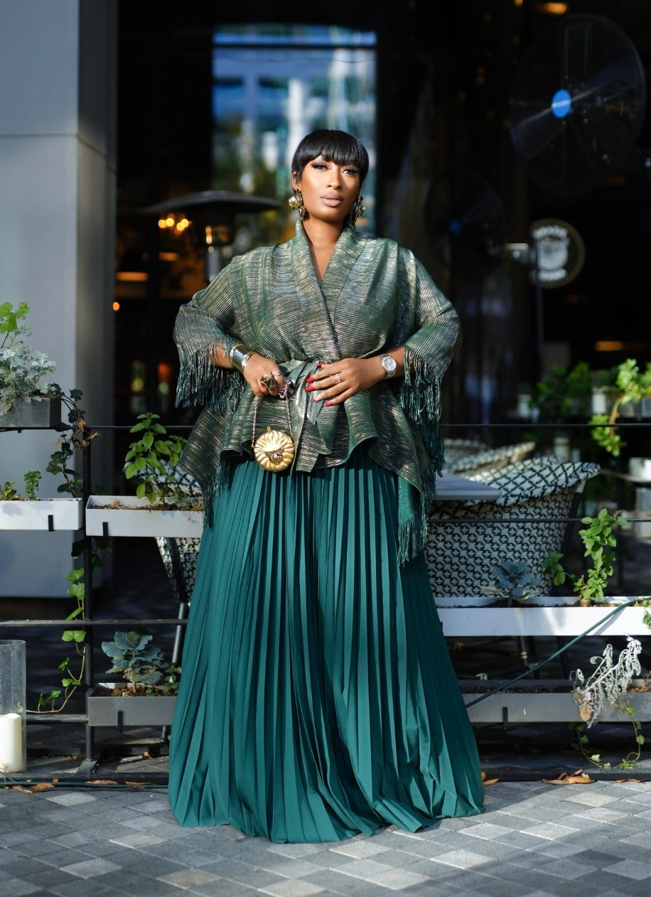 Goldie Belle Charm - Overlay Plisse TASSEL Blouse & Pleated Skirt