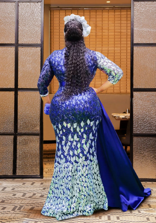 Queen Majestic Luxe- Sequin/Side-Train Floor Length Dress with Belt (NEW)
