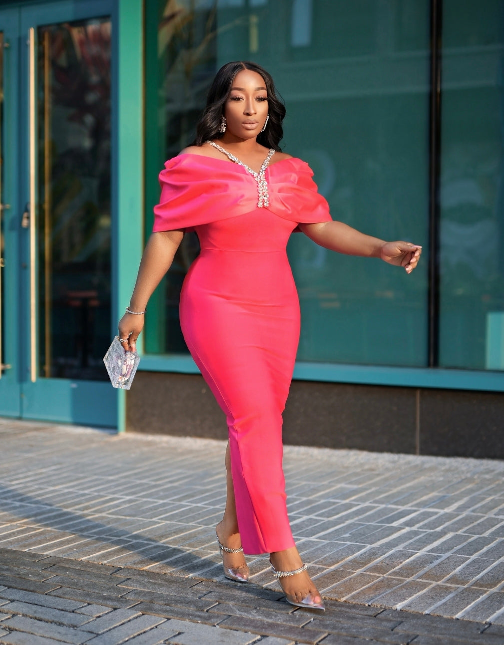 bandage dress off shoulder Crystal Wrap Queen- Off Shoulder Neck Gemstone BANDAGE Dress (New)