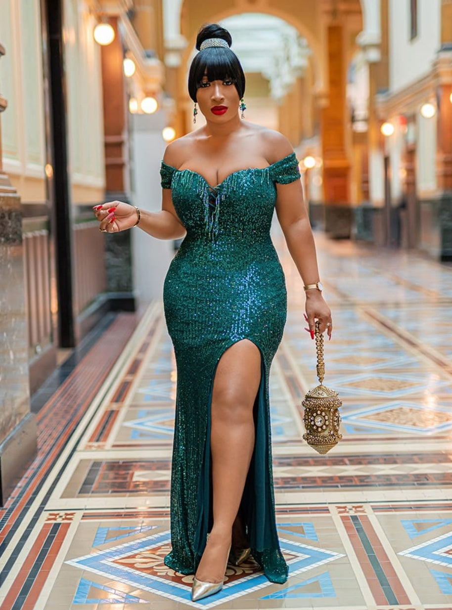 Jacqueline Luxe- Beaded/Sequin Floor Length Dress (Green and Blue) Jacqueline Luxe- Beaded/Sequin Floor Length Dress (Green and Blue)