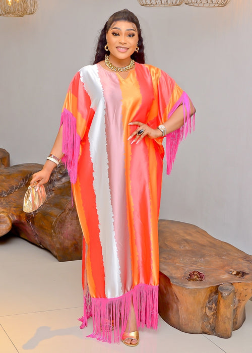 Wealthy Lady- Color Stripes Fringy Kaftan Maxi (New)