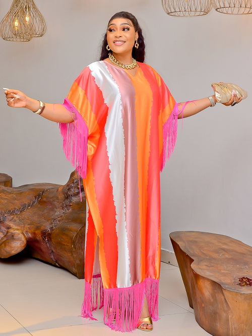 Wealthy Lady- Color Stripes Fringy Kaftan Maxi (New)