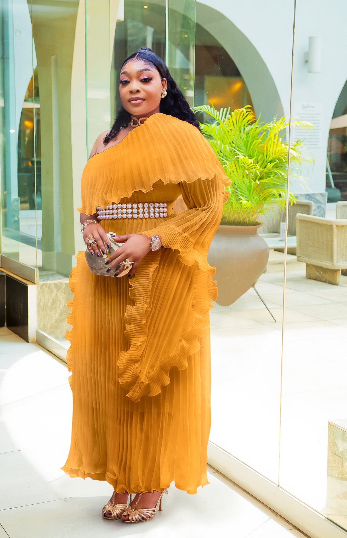 Azabelle Finesse- One Sleeve Pleated Maxi Dress/Leather Belt (NEW