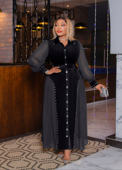 Regal Pearl Grace- 3pcs Blinged Velvet & Chiffon Maxi Dress/Under Slip/Belt (New!) (3 colors!)