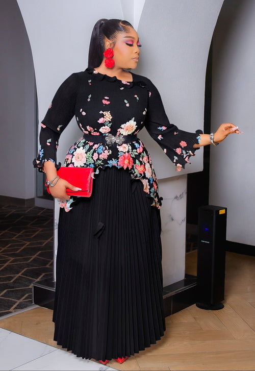 Liliana Elegance - 3pcs Plisse Floral Blouse/Pleated LONG Skirt/Belt Set (New! 3 Colors)