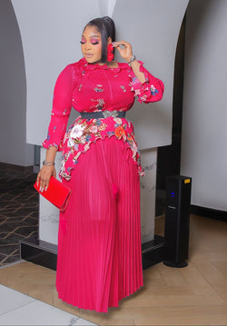 Liliana Elegance - 3pcs Plisse Floral Blouse/Pleated LONG Skirt/Belt Set (New! 3 Colors)