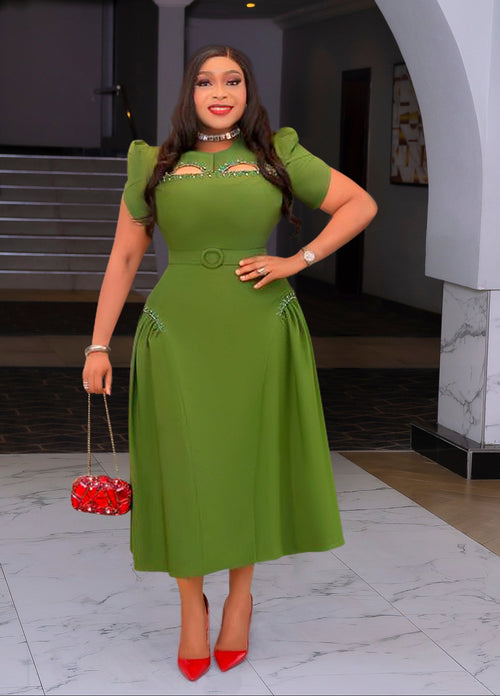 Pamela Sugar- Fit/Flare Ruched Hip Long Length Dress/w Belt (New)