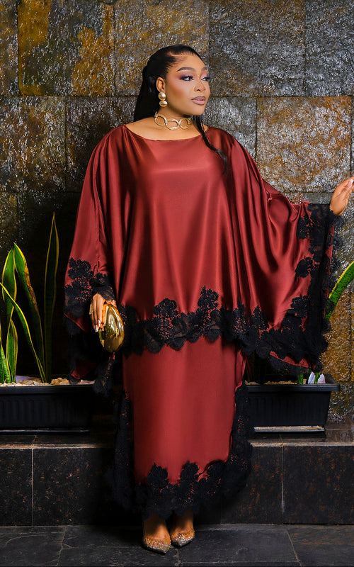 Wealthy Aunty Elegance- Convertible Lace Cape Blouse & Maxi Skirt 2pcs Set (New! 4 colors)