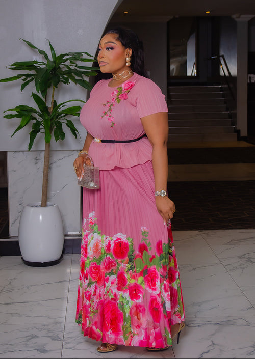 Blossom Beauty - 3pcs Plisse Blouse/Pleated Floral LONG Skirt/Belt Set (New! 4 Colors)
