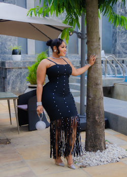 Glam Rush- Fringed Gemstone Embellished Bandage Dress (New)