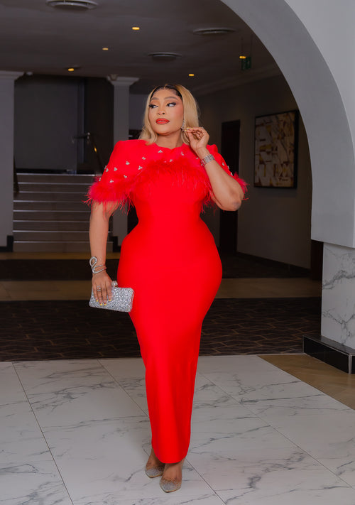 Scarlett Confidence- 3D Gemstone Cape Feathers BANDAGE Dress (New! 2 colors!)