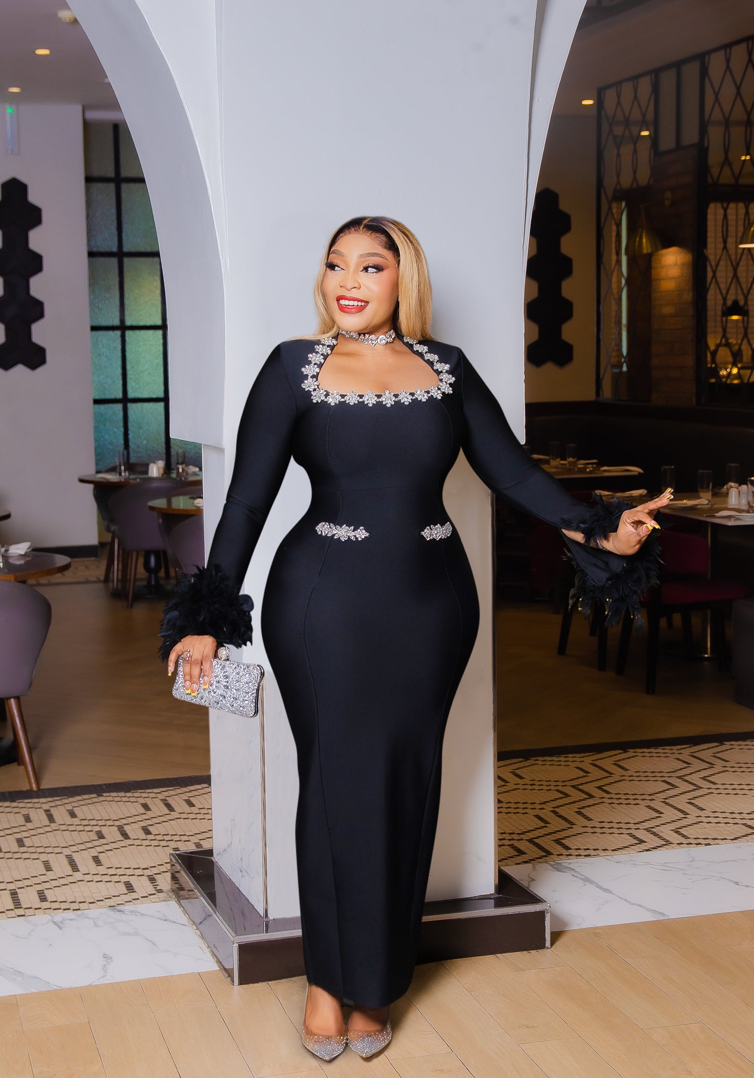 Ritzy Queen- 3D Gemstone Embellished/Feathers Long BANDAGE Dress