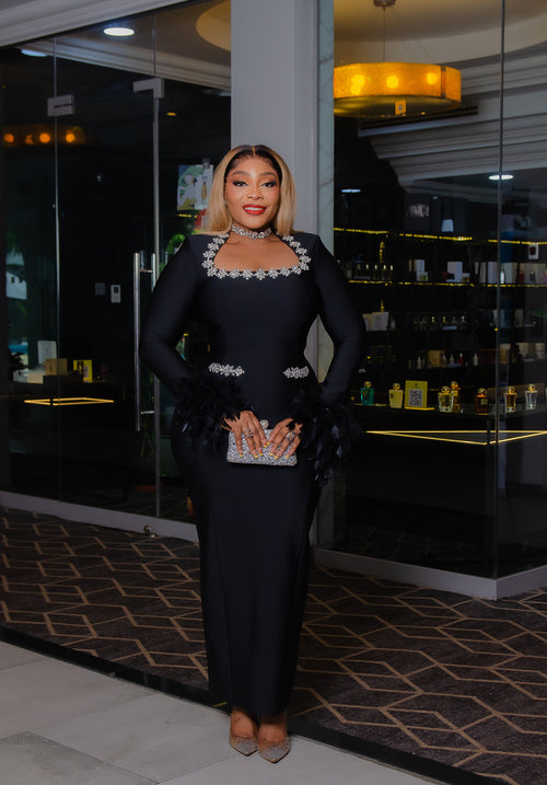 Ritzy Queen- 3D Gemstone Embellished/Feathers Long BANDAGE Dress (New!)