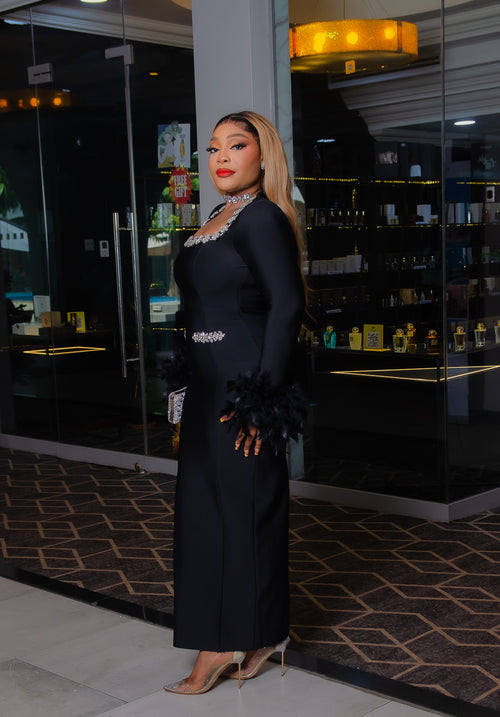 Ritzy Queen- 3D Gemstone Embellished/Feathers Long BANDAGE Dress (New!)