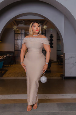 Champagne Pearl Elegance- Blinged off shoulder BANDAGE Dress (New!)
