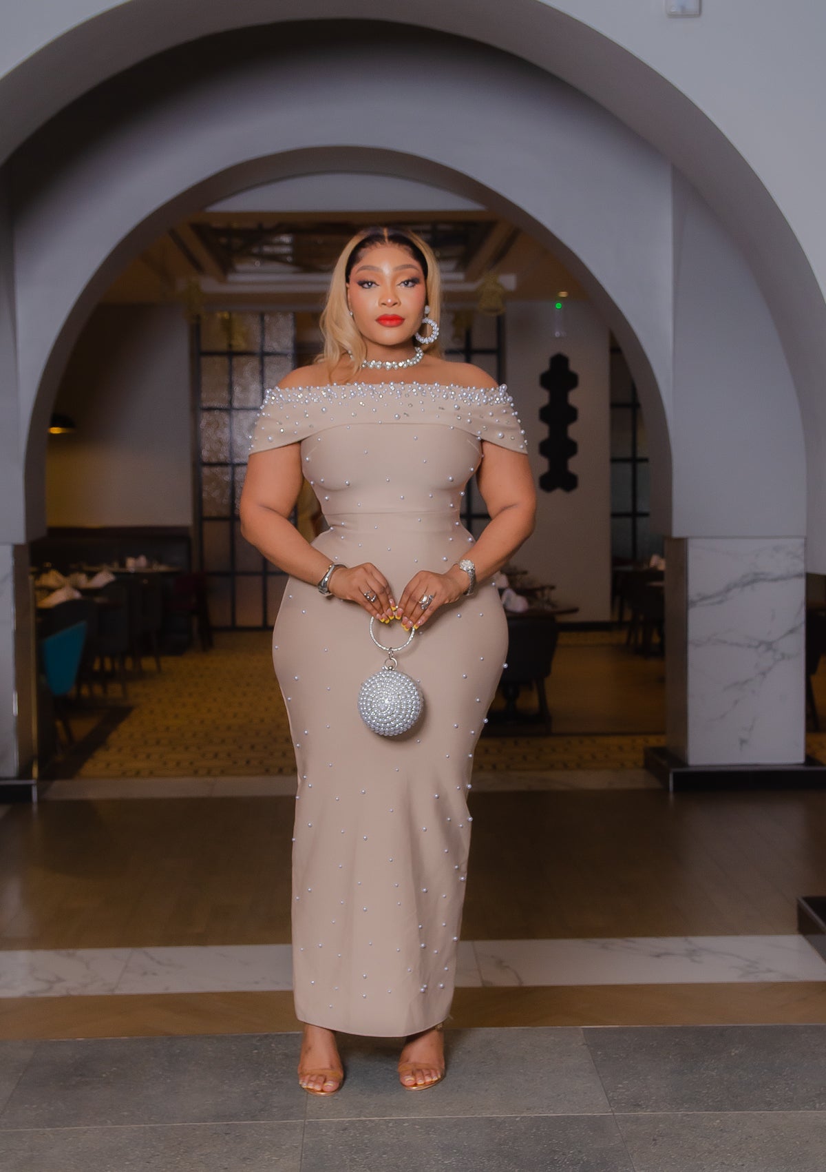 off the shoulder dress with necklace Champagne Pearl Elegance- Blinged Off Shoulder BANDAGE Dress (New!) – DivAbby
