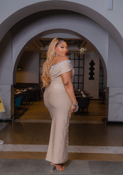 Champagne Pearl Elegance- Blinged off shoulder BANDAGE Dress (New!)