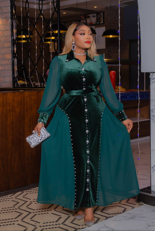 Regal Pearl Grace- 3pcs Blinged Velvet & Chiffon Maxi Dress/Under Slip/Belt (New!) (3 colors!)