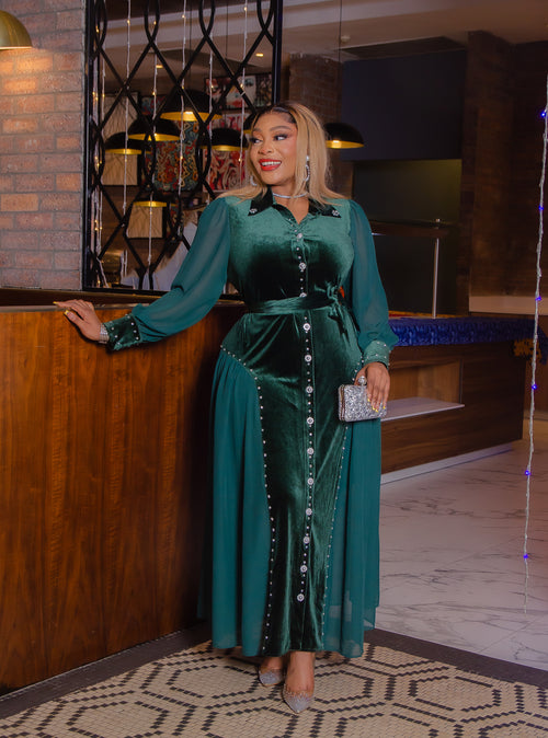 Regal Pearl Grace- 3pcs Blinged Velvet & Chiffon Maxi Dress/Under Slip/Belt (New!) (3 colors!)