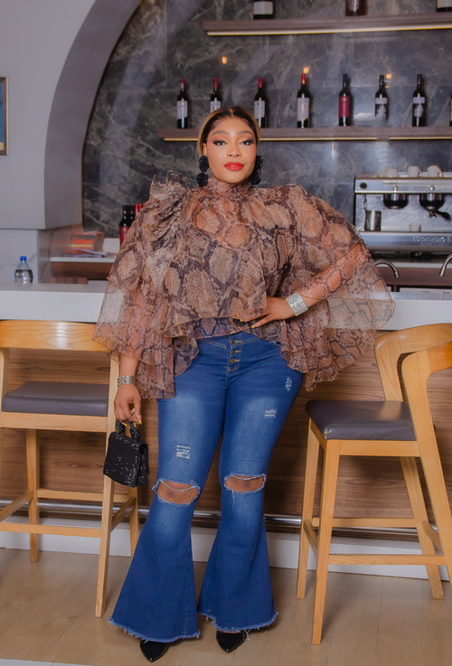 Panther Queen Luxe- Ruffle Hi/Lo Layer Tie Neck blouse (New!)