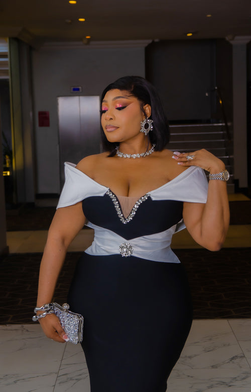 Couture Crown Elegance- Gemstone Off shoulder BANDAGE Dress (New)