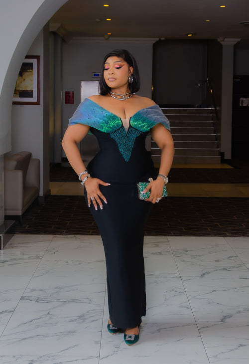 Duchess Allure- Beaded Mesh Off Shoulder BANDAGE Dress (New) (2 Colors)