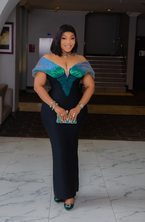 Duchess Allure- Beaded Mesh Off Shoulder BANDAGE Dress (New) (2 Colors)