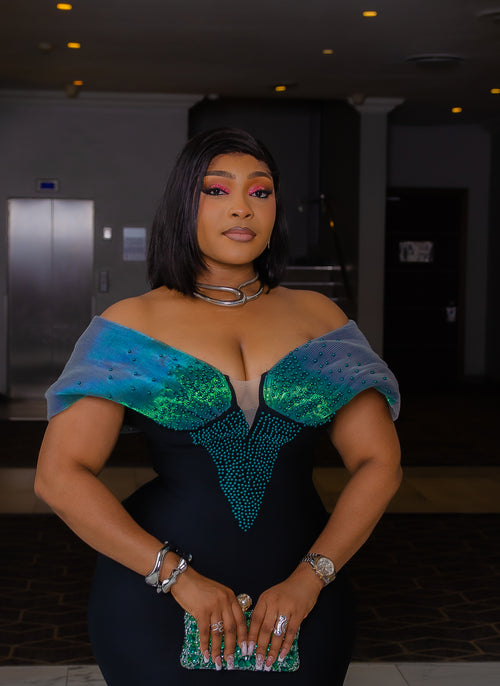 Duchess Allure- Beaded Mesh Off Shoulder BANDAGE Dress (New) (2 Colors)