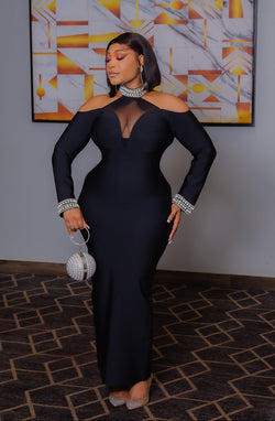 Midnight Allure Queen- Cold Shoulder Mesh Bandage Dress (New!)