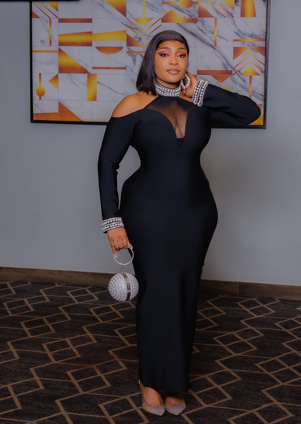 Midnight Allure Queen- Cold Shoulder Mesh Bandage Dress (New!)