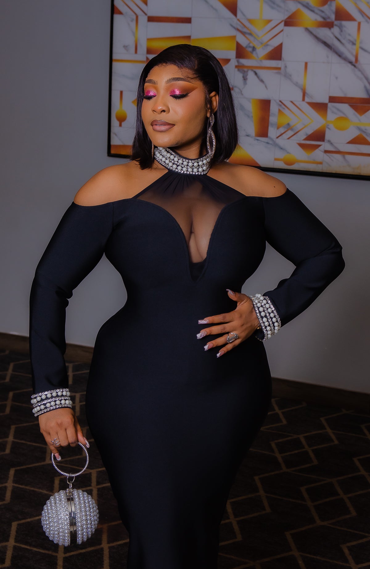 Midnight Allure Queen- Cold Shoulder Mesh Bandage Dress (New