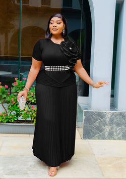 Rosalina Belle - 3pcs Plisse Peplum Blouse/Pleated LONG Pant/Belt Set (New! 4 Colors)