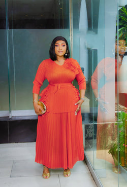 Florencia Belle - 3pcs Plisse Ruffle Blouse/Pleated LONG Skirt/Belt Set (New! 3 Colors)