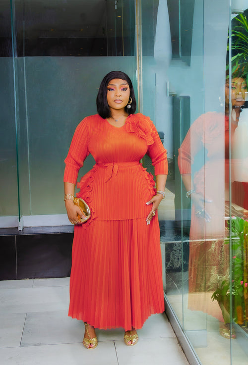 Florencia Belle - 3pcs Plisse Ruffle Blouse/Pleated LONG Skirt/Belt Set (New! 3 Colors)