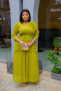 Florencia Belle - 3pcs Plisse Ruffle Blouse/Pleated LONG Skirt/Belt Set (New! 3 Colors)