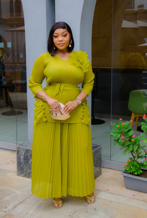 Florencia Belle - 3pcs Plisse Ruffle Blouse/Pleated LONG Skirt/Belt Set (New! 3 Colors)