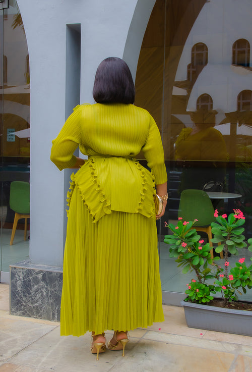 Florencia Belle - 3pcs Plisse Ruffle Blouse/Pleated LONG Skirt/Belt Set (New! 3 Colors)