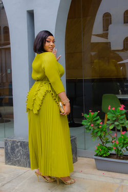 Florencia Belle - 3pcs Plisse Ruffle Blouse/Pleated LONG Skirt/Belt Set (New! 3 Colors)