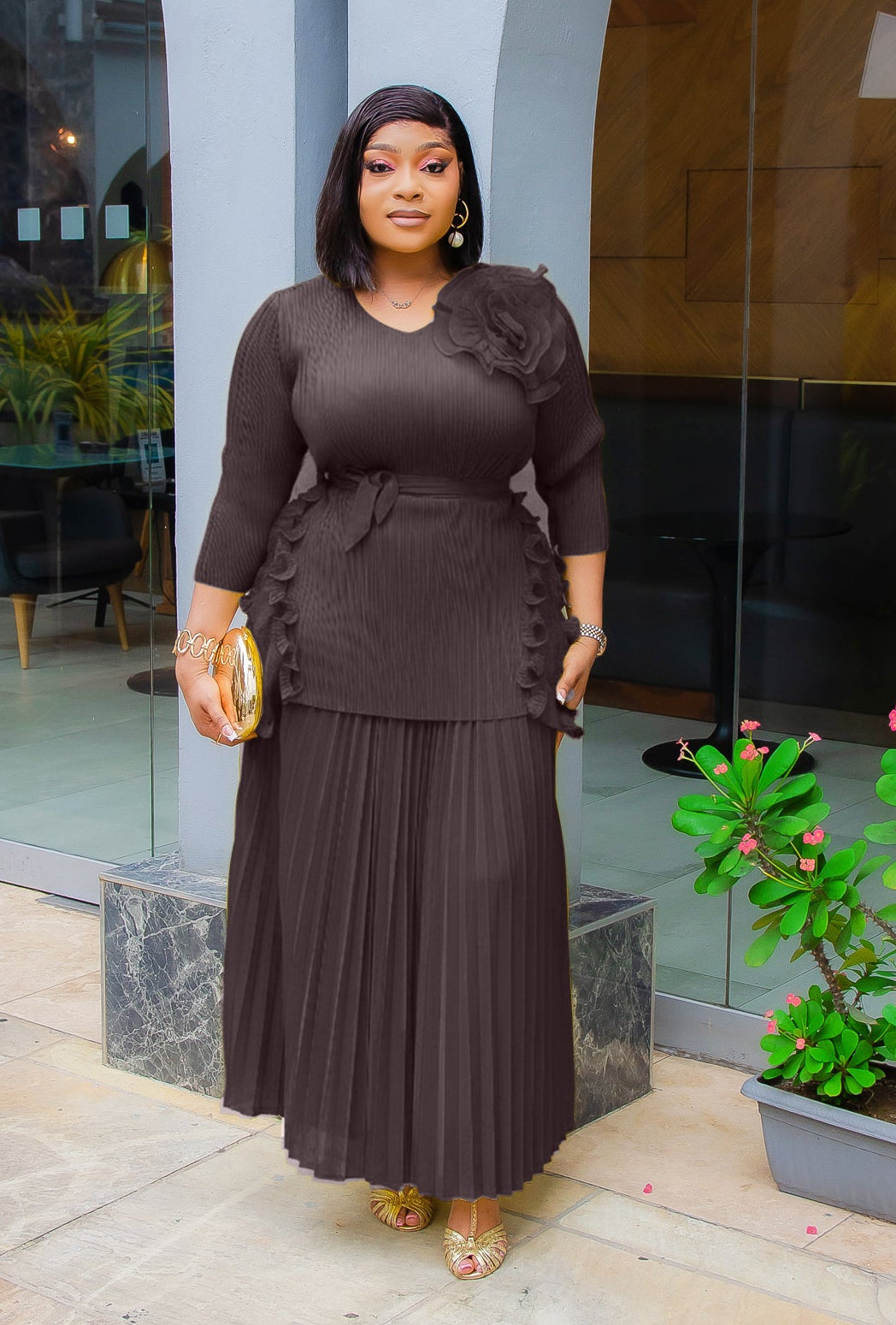 Florencia Belle - 3pcs Plisse Ruffle Blouse/Pleated LONG Skirt