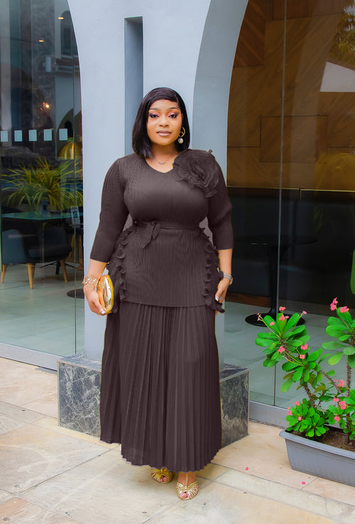 Florencia Belle - 3pcs Plisse Ruffle Blouse/Pleated LONG Skirt/Belt Set (New! 3 Colors)