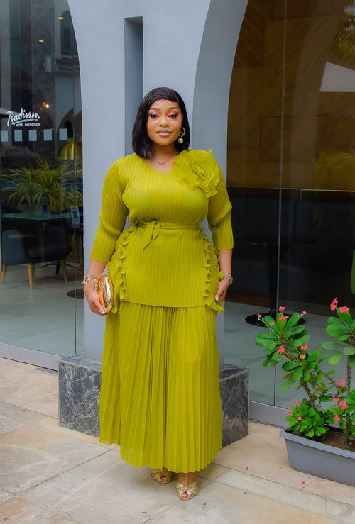 Florencia Belle - 3pcs Plisse Ruffle Blouse/Pleated LONG Skirt/Belt Set (New! 3 Colors)