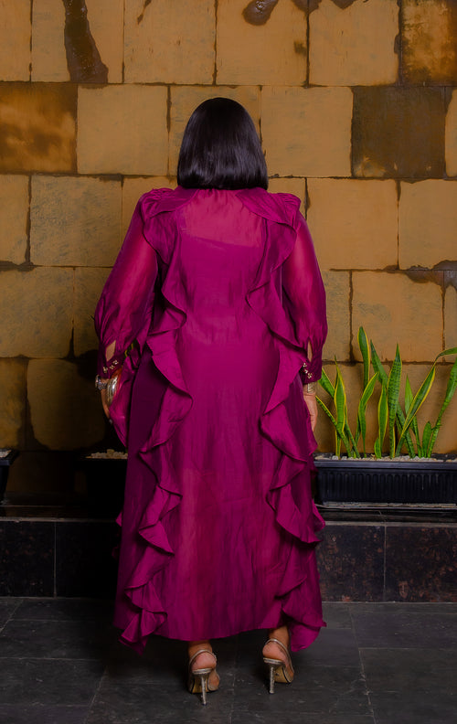 Regal Orchid Ruffles- 3pcs Tie Neck Brooch Kaftan Dress/Under Slip/Fabric Belt SET (New! 2 colors!)