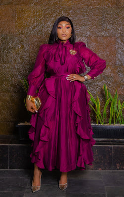 Regal Orchid Ruffles- 3pcs Tie Neck Brooch Kaftan Dress/Under Slip/Fabric Belt SET (New! 2 colors!)