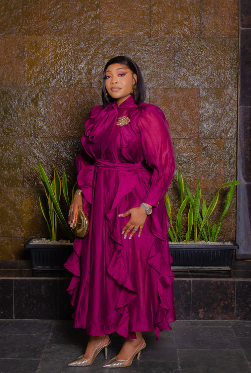 Regal Orchid Ruffles- 3pcs Tie Neck Brooch Kaftan Dress/Under Slip/Fabric Belt SET (New! 2 colors!)