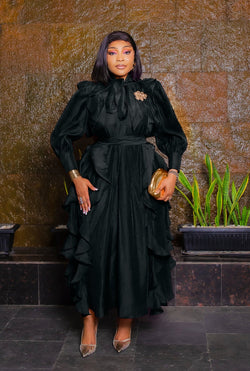 Regal Orchid Ruffles- 3pcs Tie Neck Brooch Kaftan Dress/Under Slip/Fabric Belt SET (New! 2 colors!)